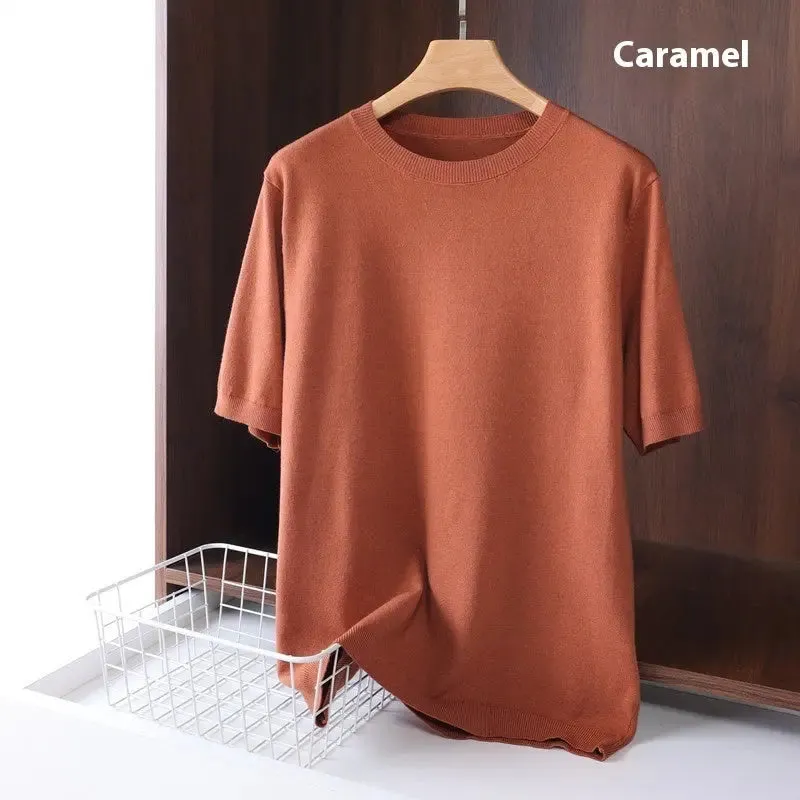 Men's Round Neck Pullover Thin Knitwear Short Sleeve Top