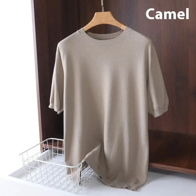 Men's Round Neck Pullover Thin Knitwear Short Sleeve Top