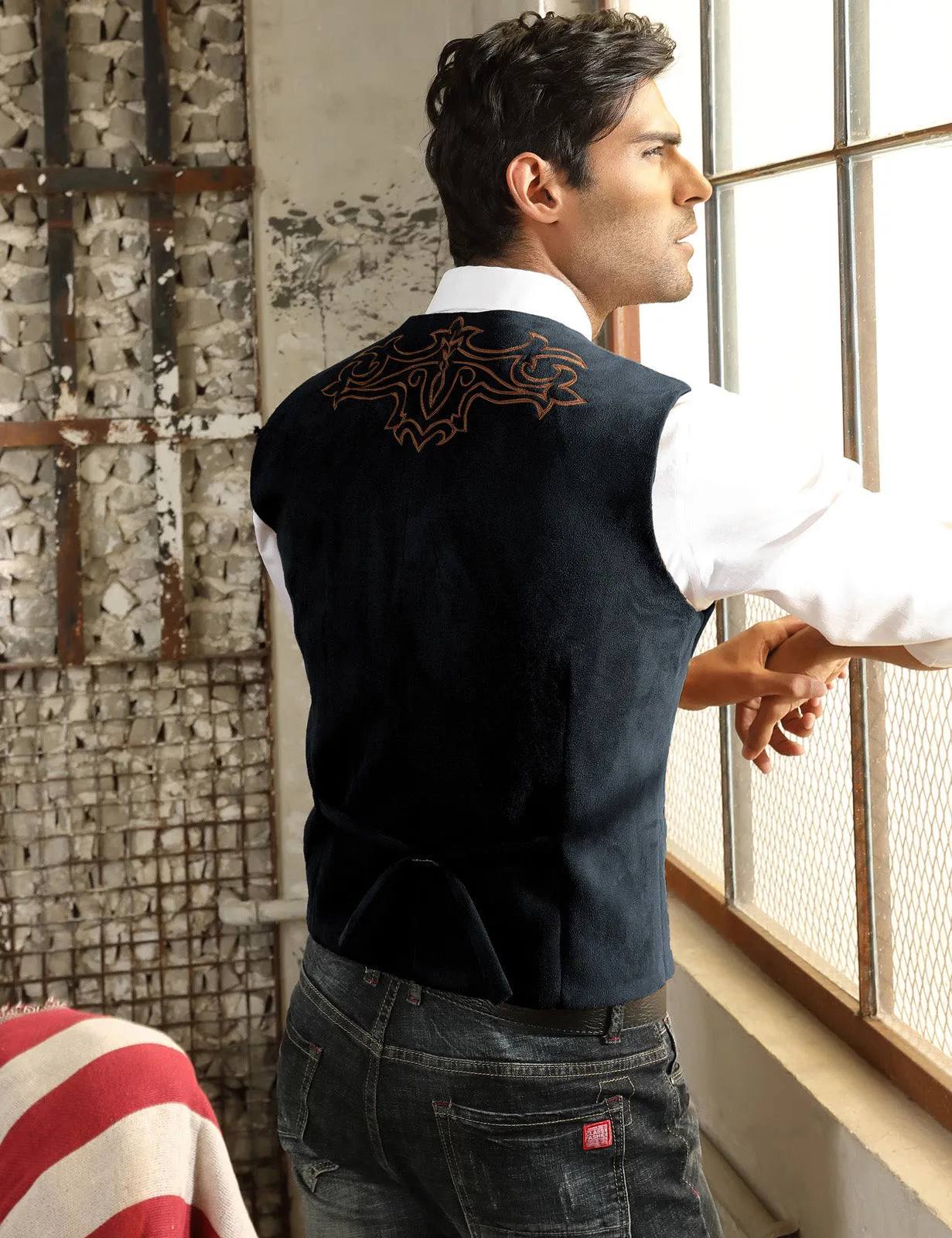 Men's Suede Leather Suit Vest Embroidery Leisure Slim Fit Western Vest Waistcoat