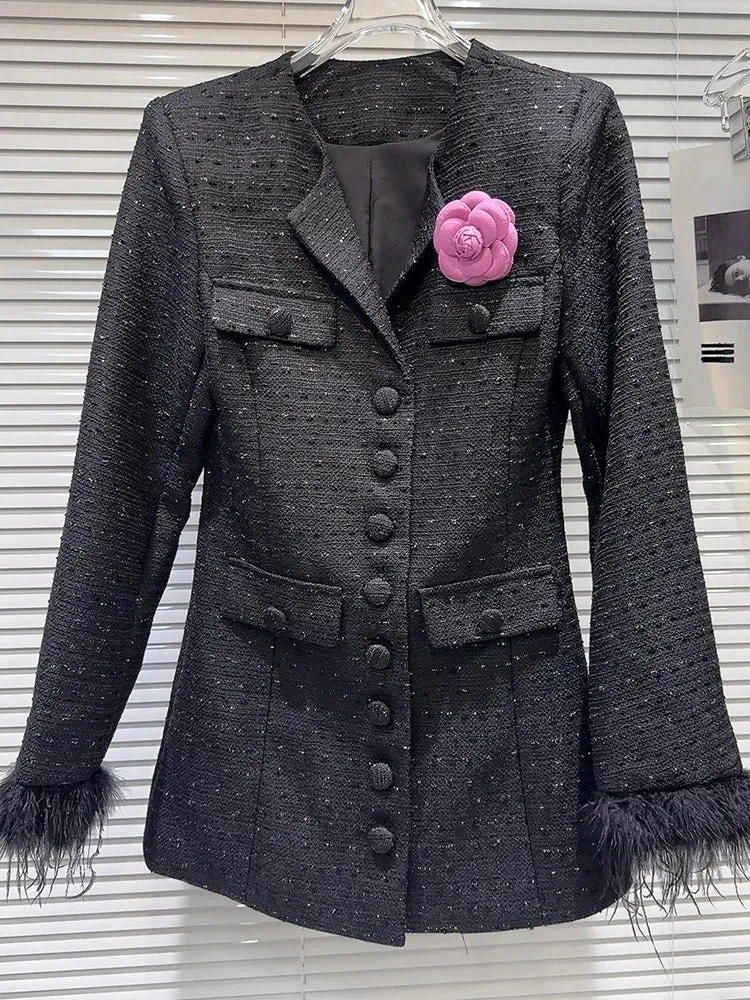 Metaversmall Elegant Spliced Brooch Coats For Women Lapel Long Sleeve Patchwork Single Breasted Temperament Coat Female Fashion