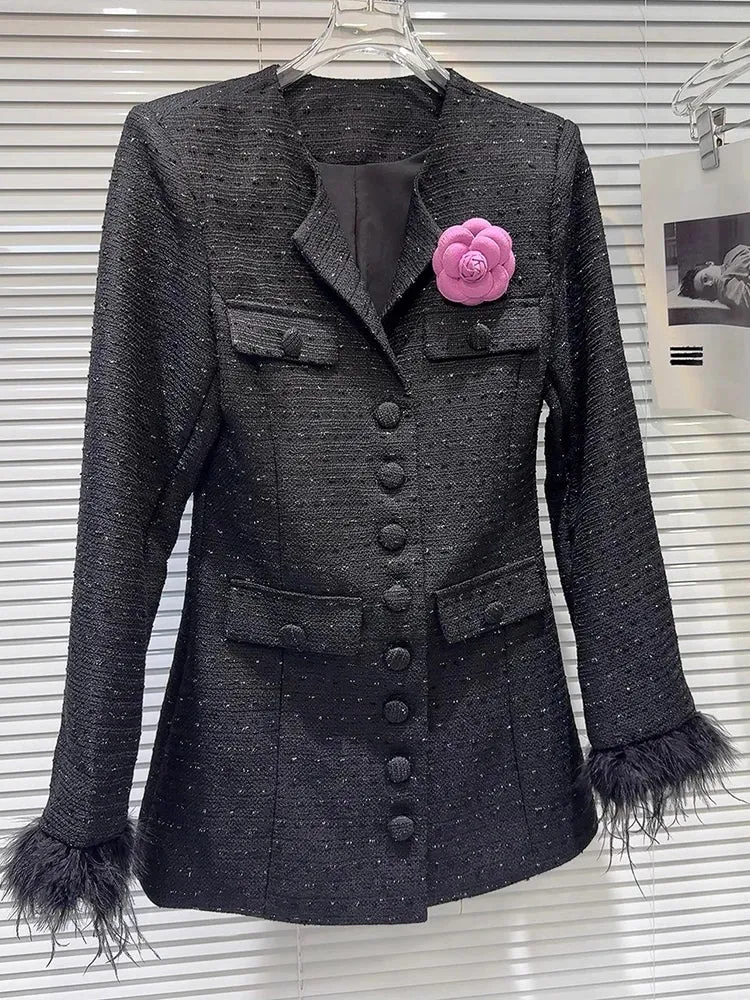 Metaversmall Elegant Spliced Brooch Coats For Women Lapel Long Sleeve Patchwork Single Breasted Temperament Coat Female Fashion