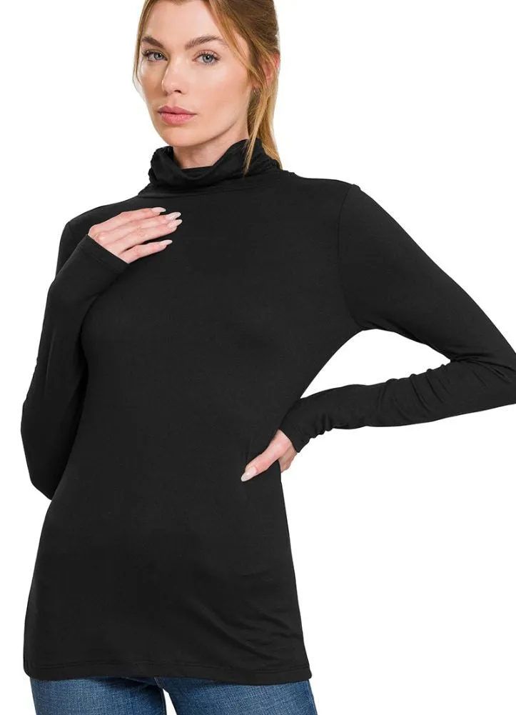 Microfiber Mock Neck Top in Black by Zenana