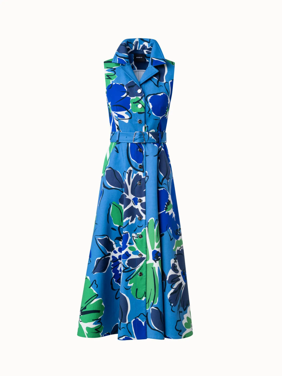 Midi Dress in Cotton Silk Double-Face with Sketched Abraham Flower Print