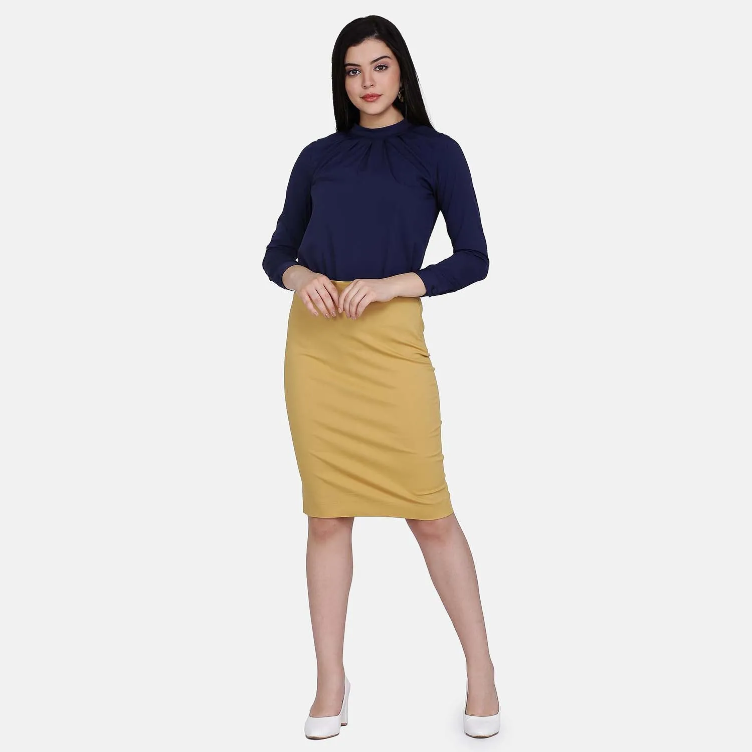 Mustard Yellow Cotton Stretch Pencil Skirt