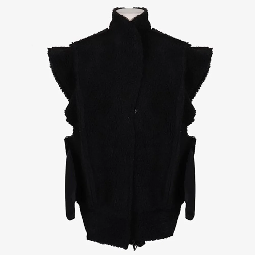 Patchwork LambsWool Winter Vest For Women Lapel Sleeveless Colorblock Vests Female Clothing Fashion Style