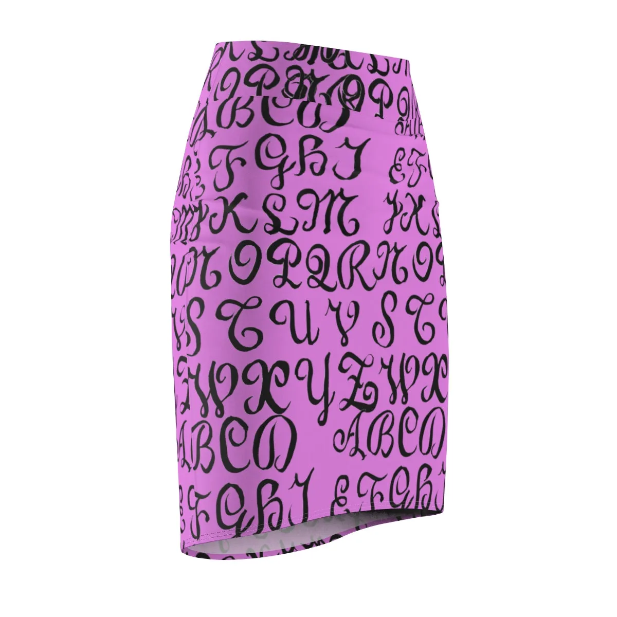 Pink Black Graphic Pencil Skirt, Best Alphabets Calligraphy Print Women's Pencil Skirt - Made in USA