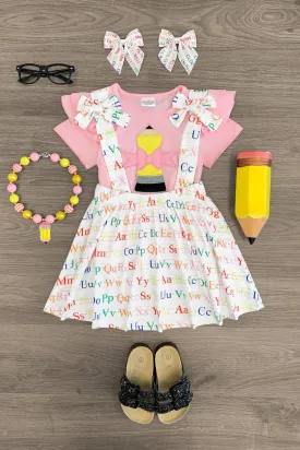 Pink Pencil Alphabet Suspender Skirt Set