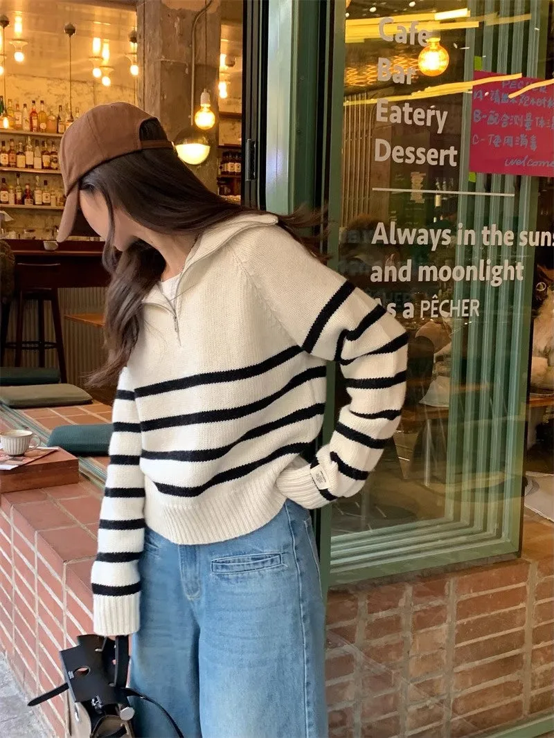 Simple POLO collar striped sweater    S4789