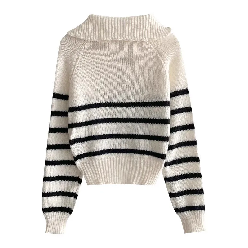 Simple POLO collar striped sweater    S4789