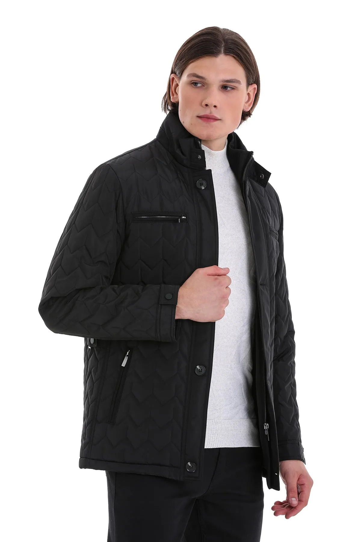 Slim Fit Stand Collar Basic Black Coat