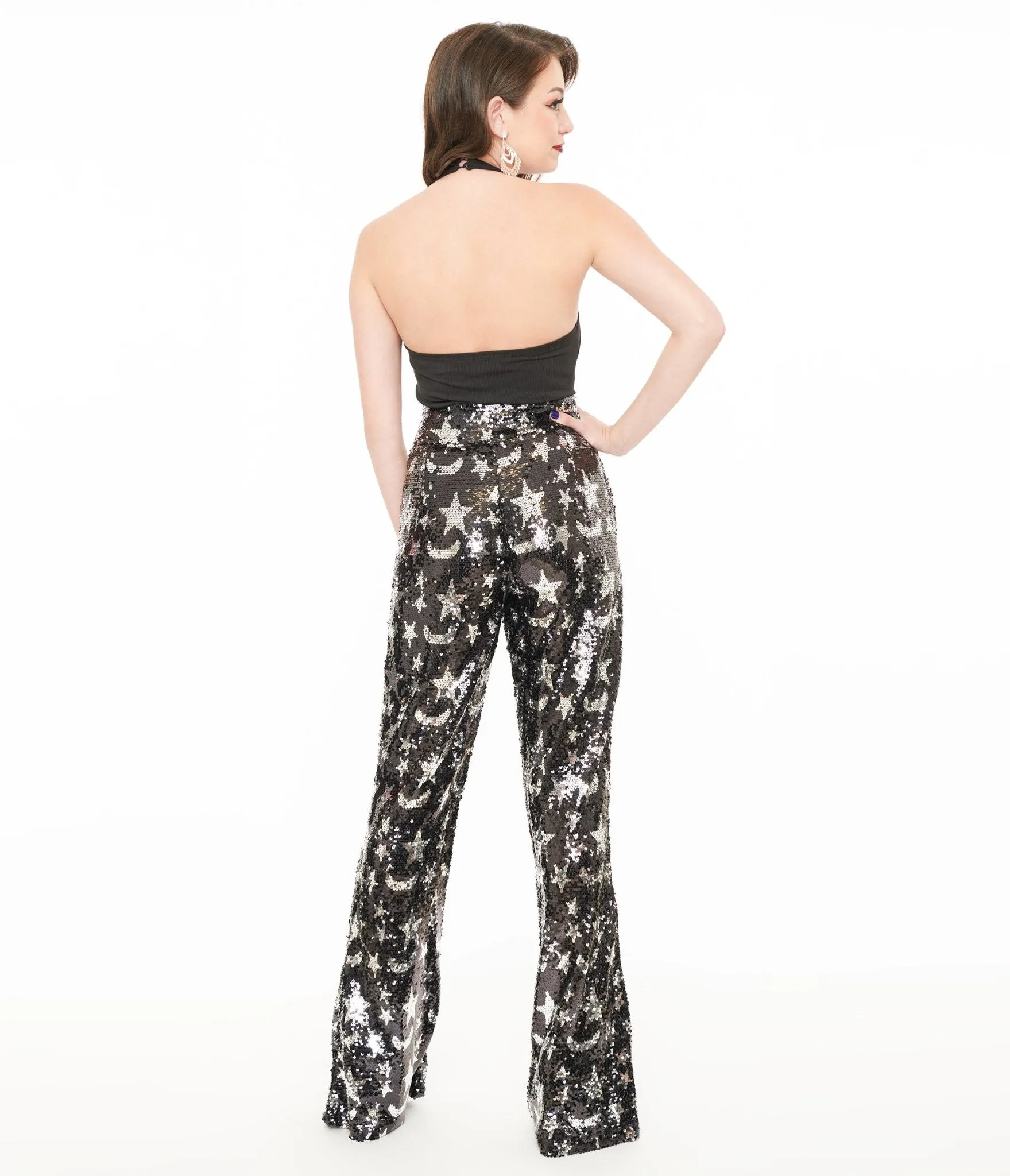 Smak Parlour 1960s Black & Silver Star Sequin High Waist Flare Pants