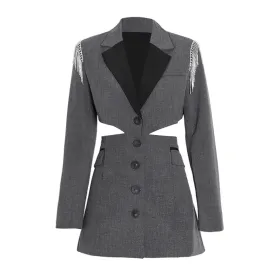 Spliced Tassel Cut Out Blazers For Women Notched Collar Long Sleeve High Waist Patchwork Buttons Chic Coat Female