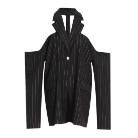 Striped Cut Out Jacket For Women Notched Collar Long Sleeve Off Shoulder Jackets Female Fashion Clothing Style