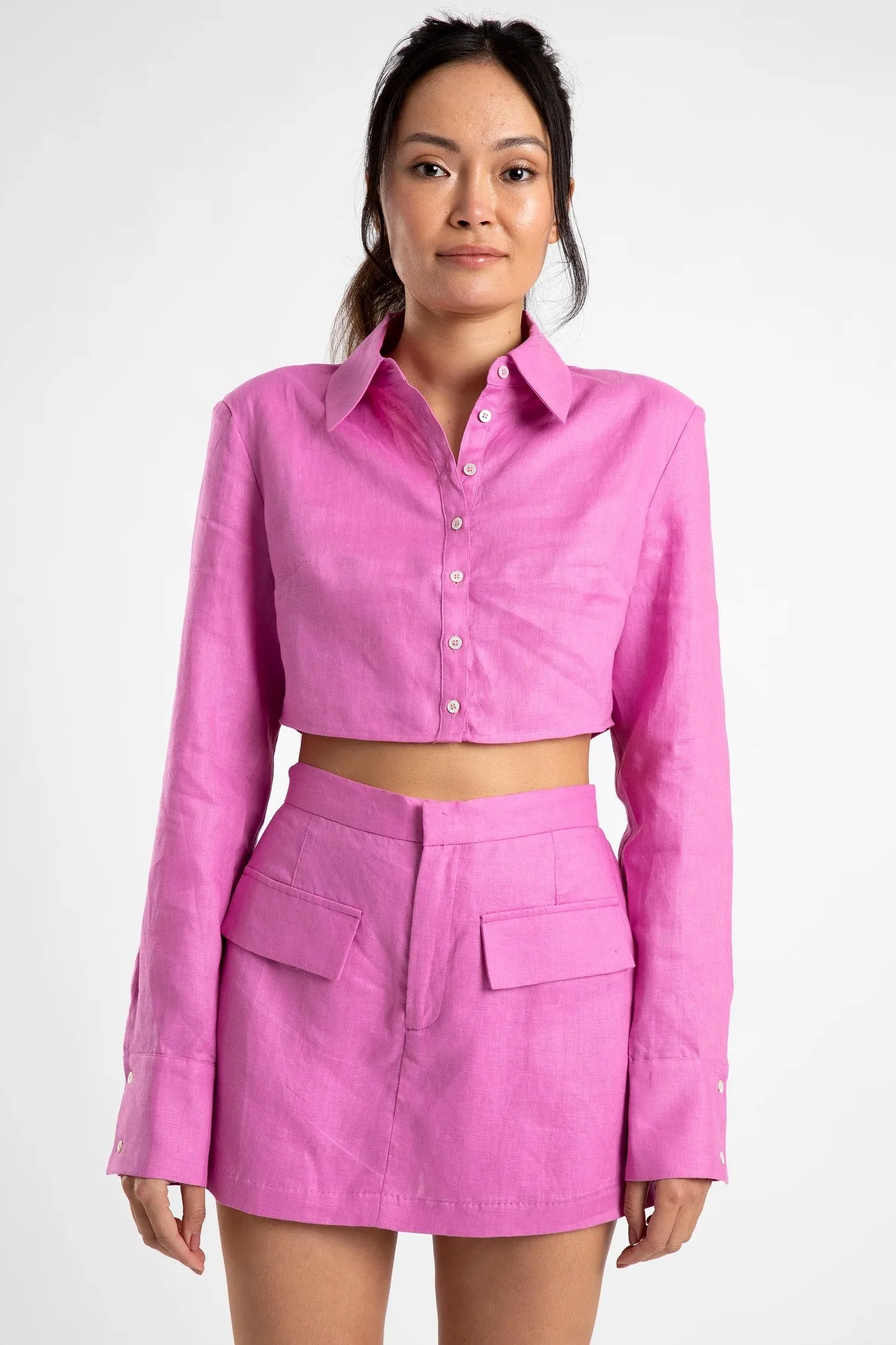 SUMMI SUMMI Womens Cropped Structured Linen Shirt Fuchsia