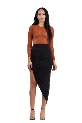 THE MYSTYLEMODE COPPER MESH ROUND NECK BODYSUIT