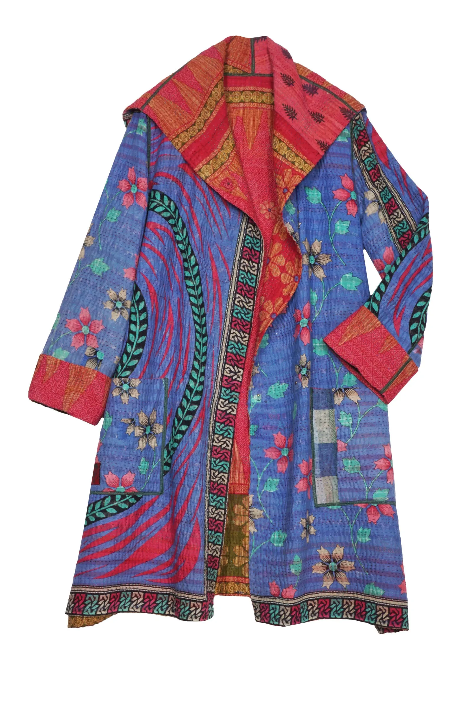 VINTAGE COTTON KANTHA POCKET MEDIUM COAT - cv4316-0017a -