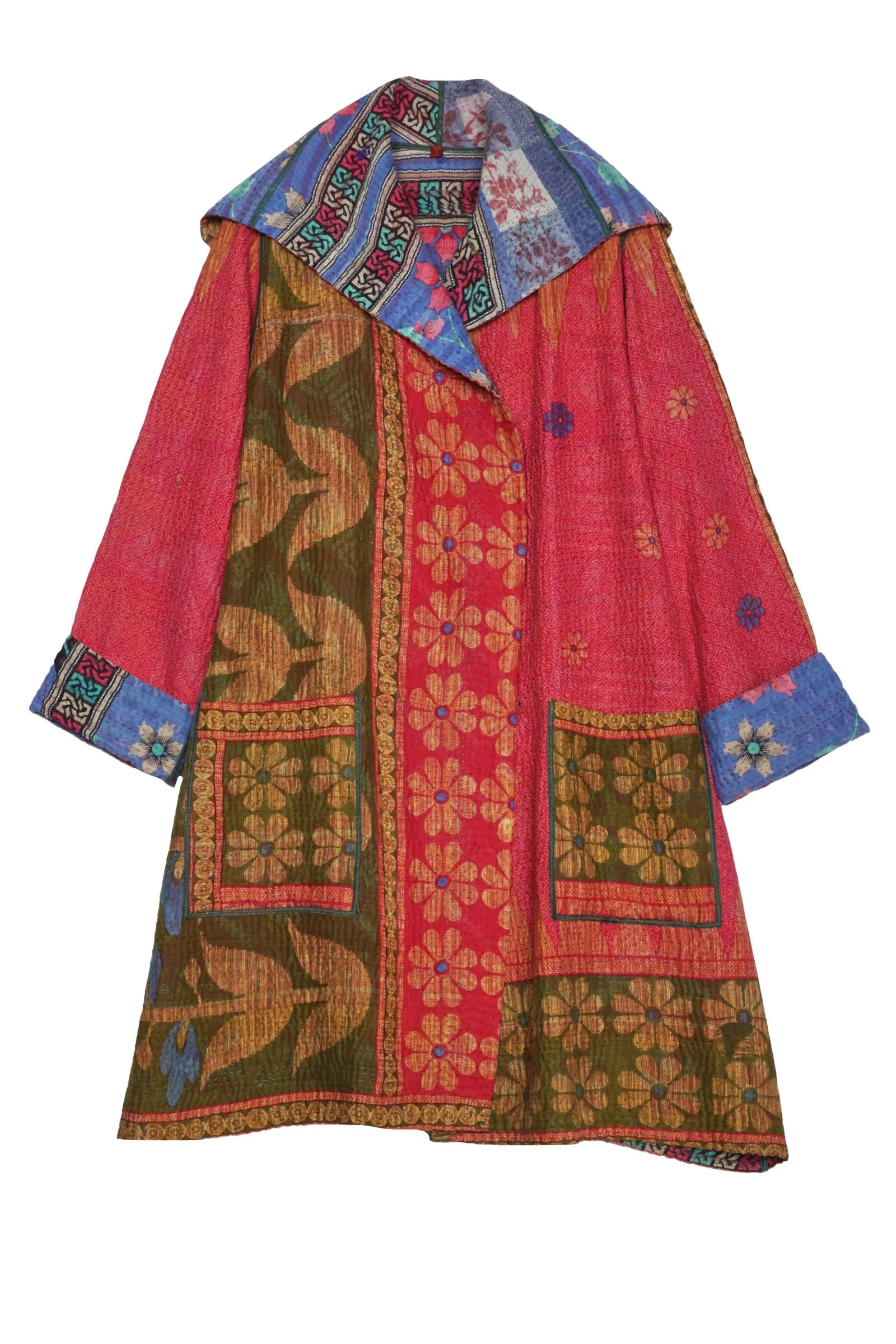 VINTAGE COTTON KANTHA POCKET MEDIUM COAT - cv4316-0017a -