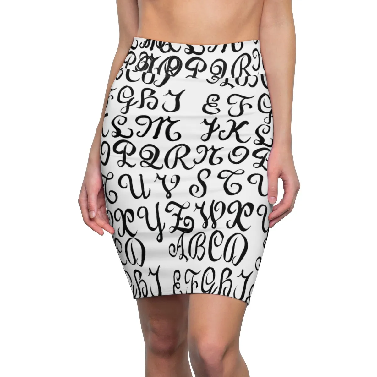 White Alphabet Pencil Skirts, Black Calligraphy Women's Designer Pencil Skirt-Made in USA