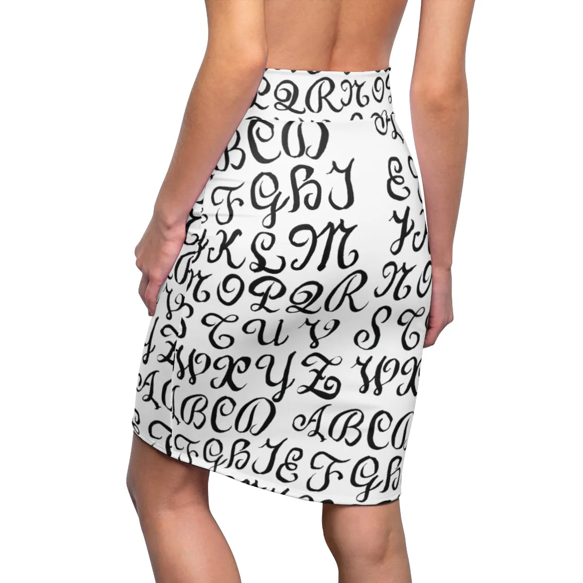 White Alphabet Pencil Skirts, Black Calligraphy Women's Designer Pencil Skirt-Made in USA