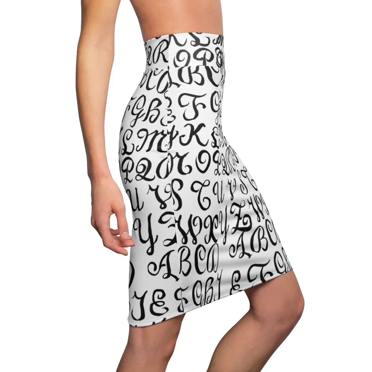 White Alphabet Pencil Skirts, Black Calligraphy Women's Designer Pencil Skirt-Made in USA