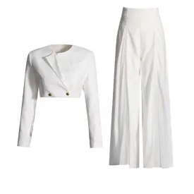 White Blazer Pantsuit Crop Top Coat   Wide Legs 2 Pieces Set