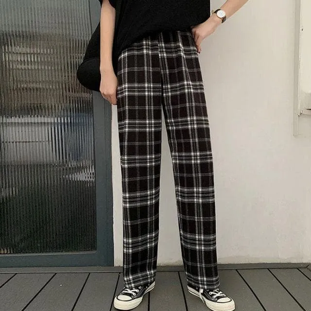 Wide-Leg Plaid Pants