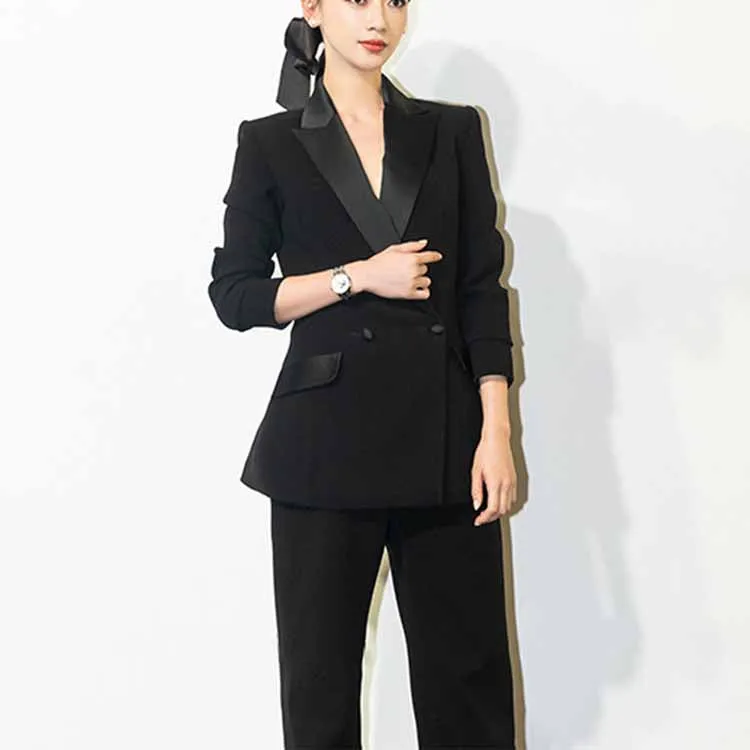 Women Double Breasted 2 Pieces Pantsuits Black Event Suits Formal Slim Suits