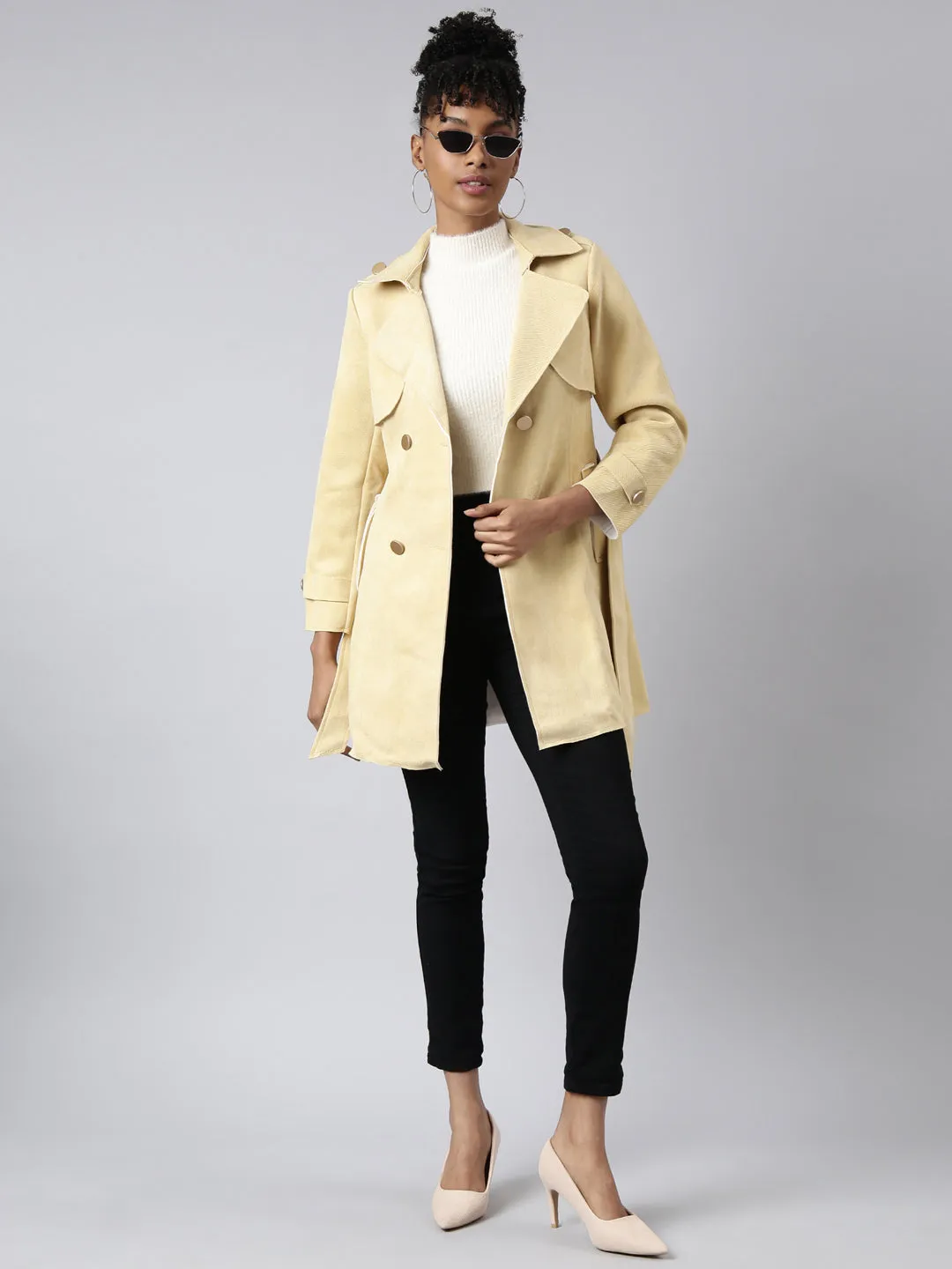 Women Solid Longline Yellow Trench Coat