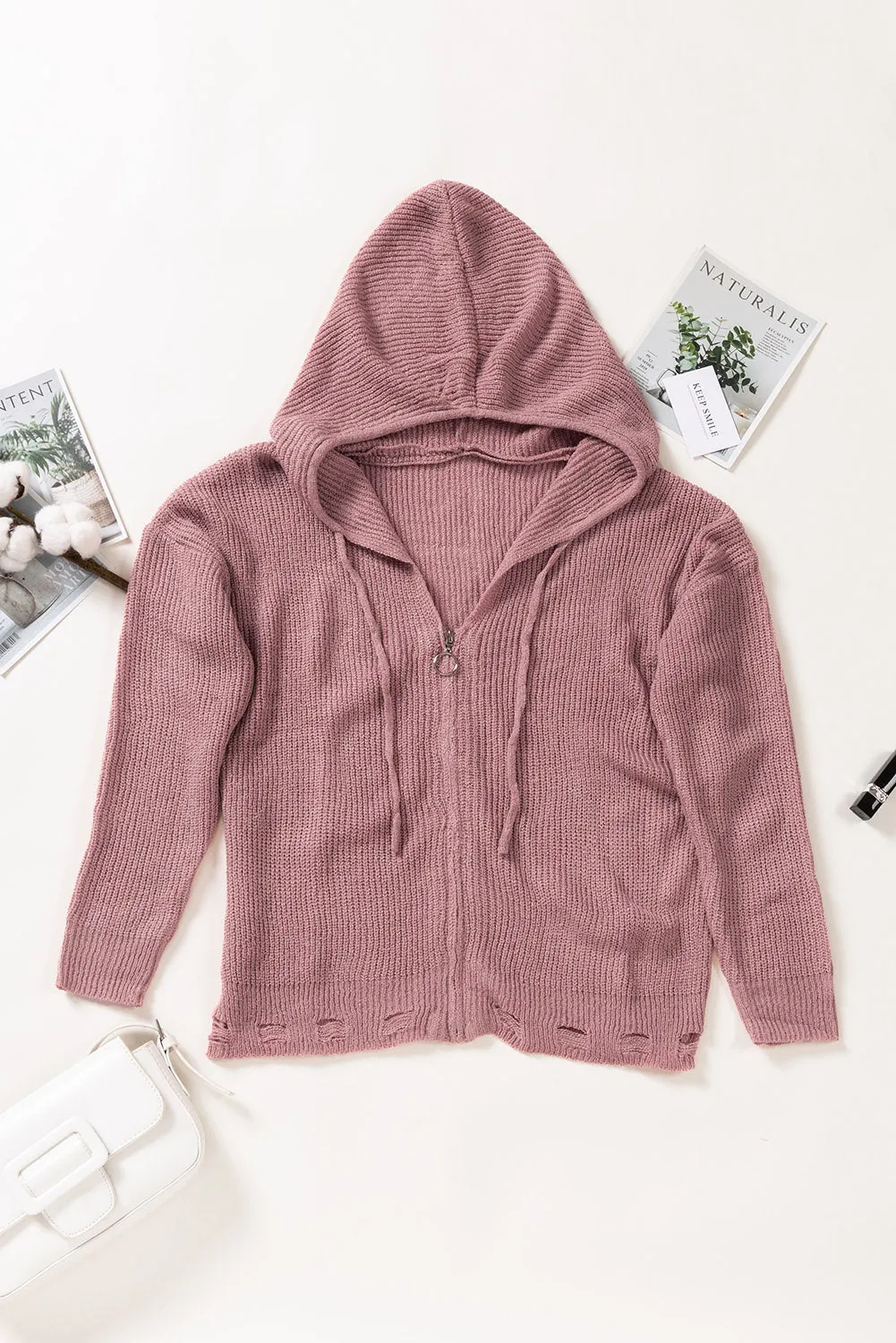 Women's Cute Hoodies Zipper V-neck Oversized Knitted Sweater