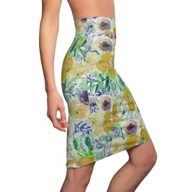 Yellow Floral Women's Pencil Skirt, Yellow Mixed Flower Printed Designer Skirt-Made in USA